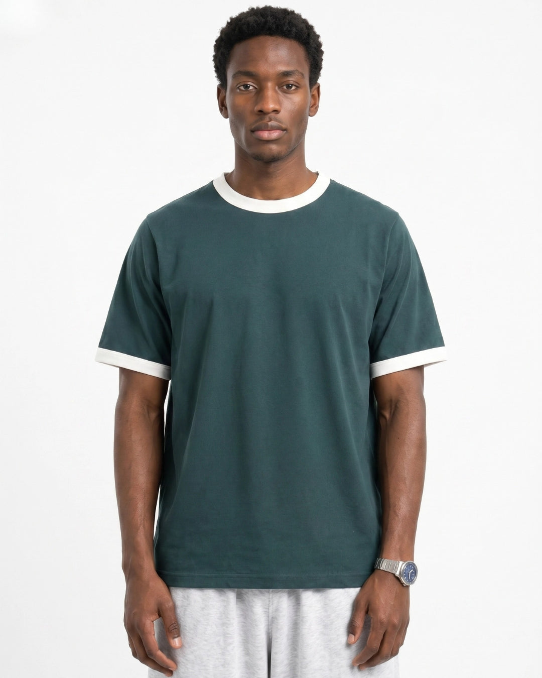 Dark Teal Ringer Tee — White