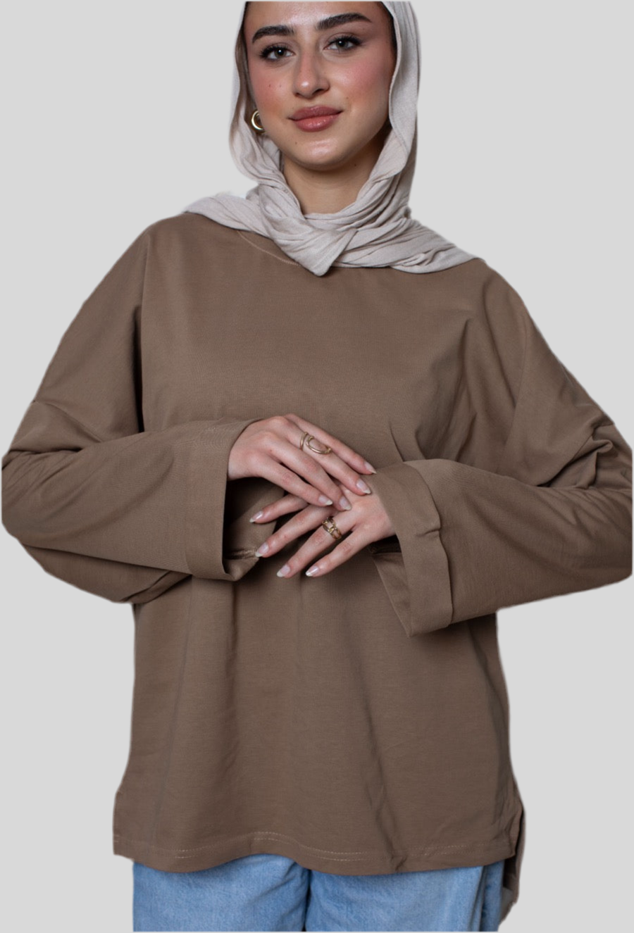 Beige Long Sleeve Oversized Tee