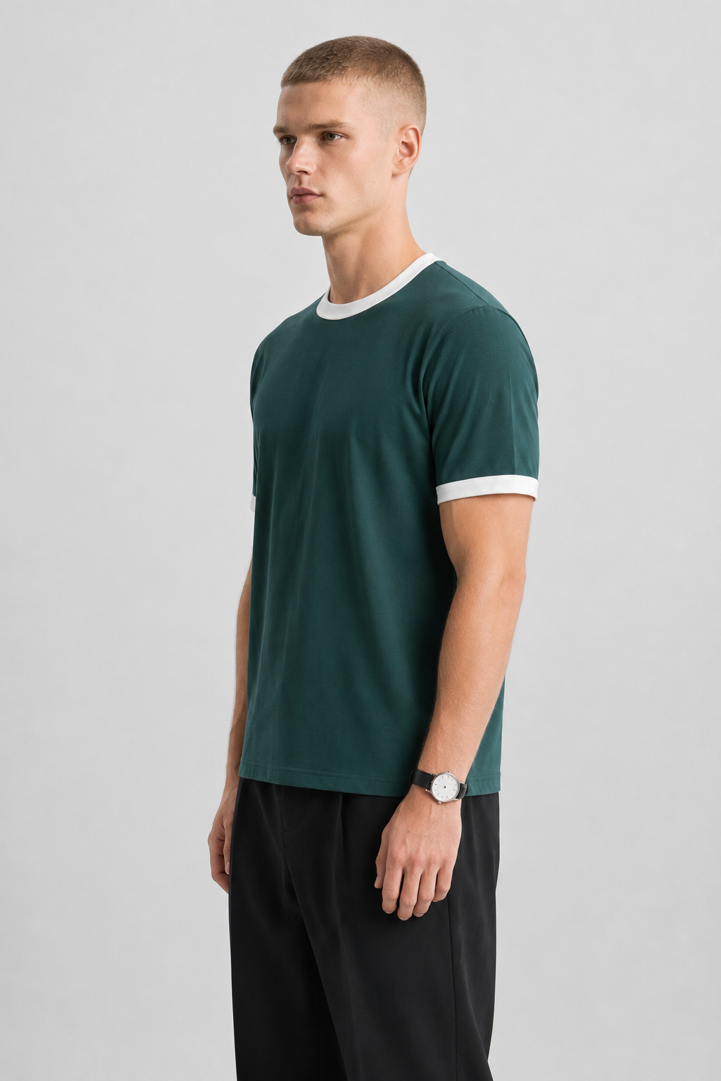 Dark Teal Ringer Tee — White