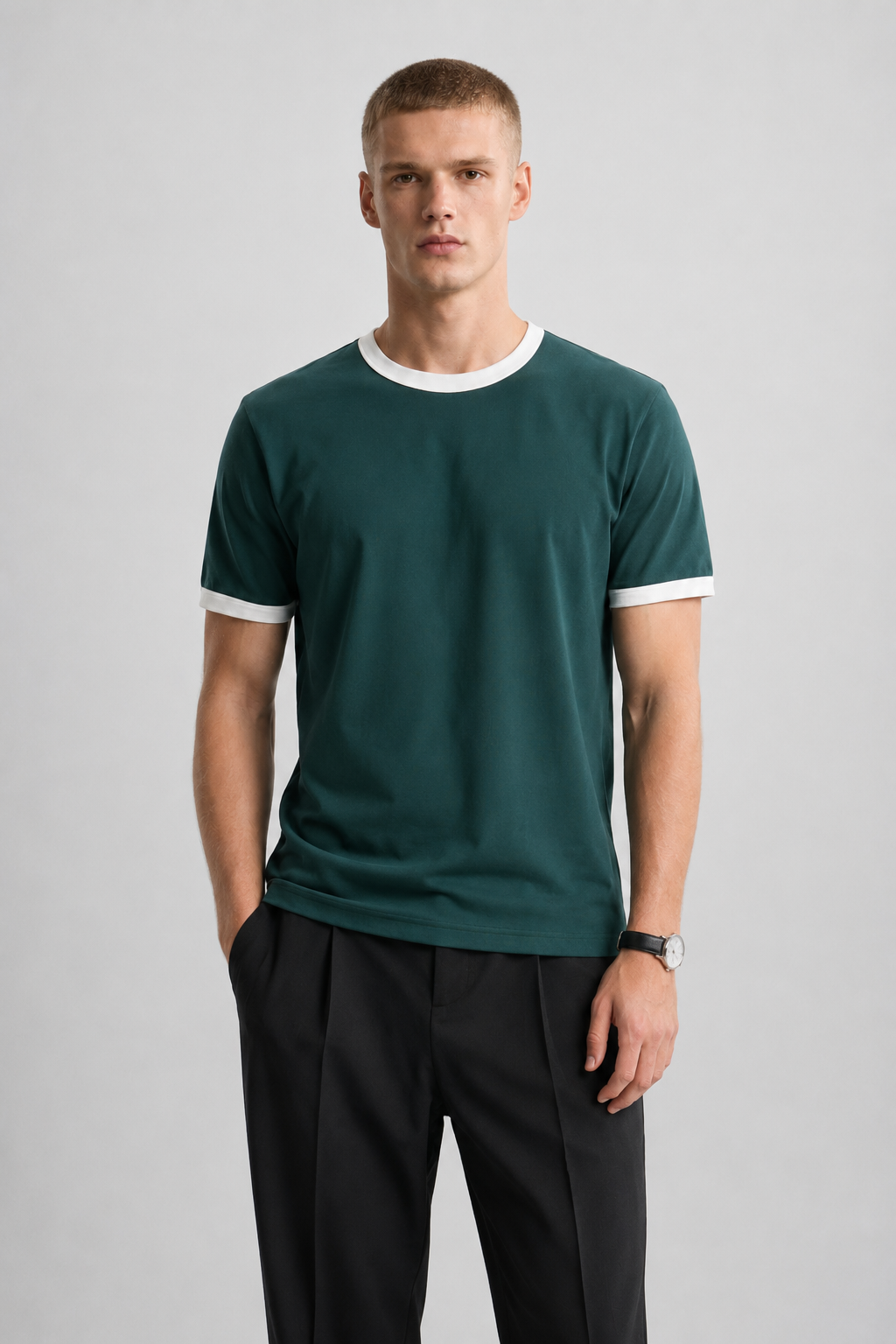 Dark Teal Ringer Tee — White