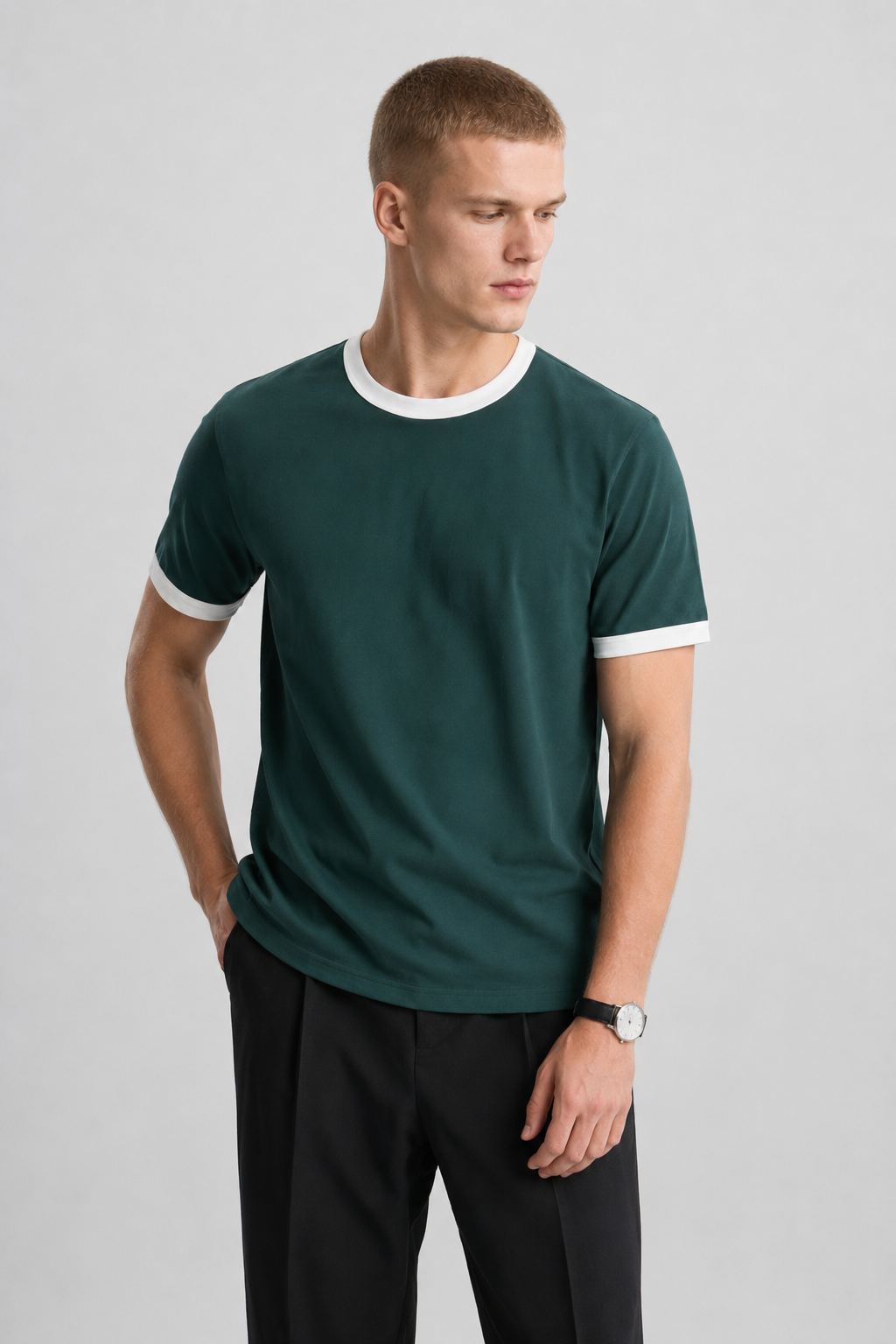 Dark Teal Ringer Tee — White