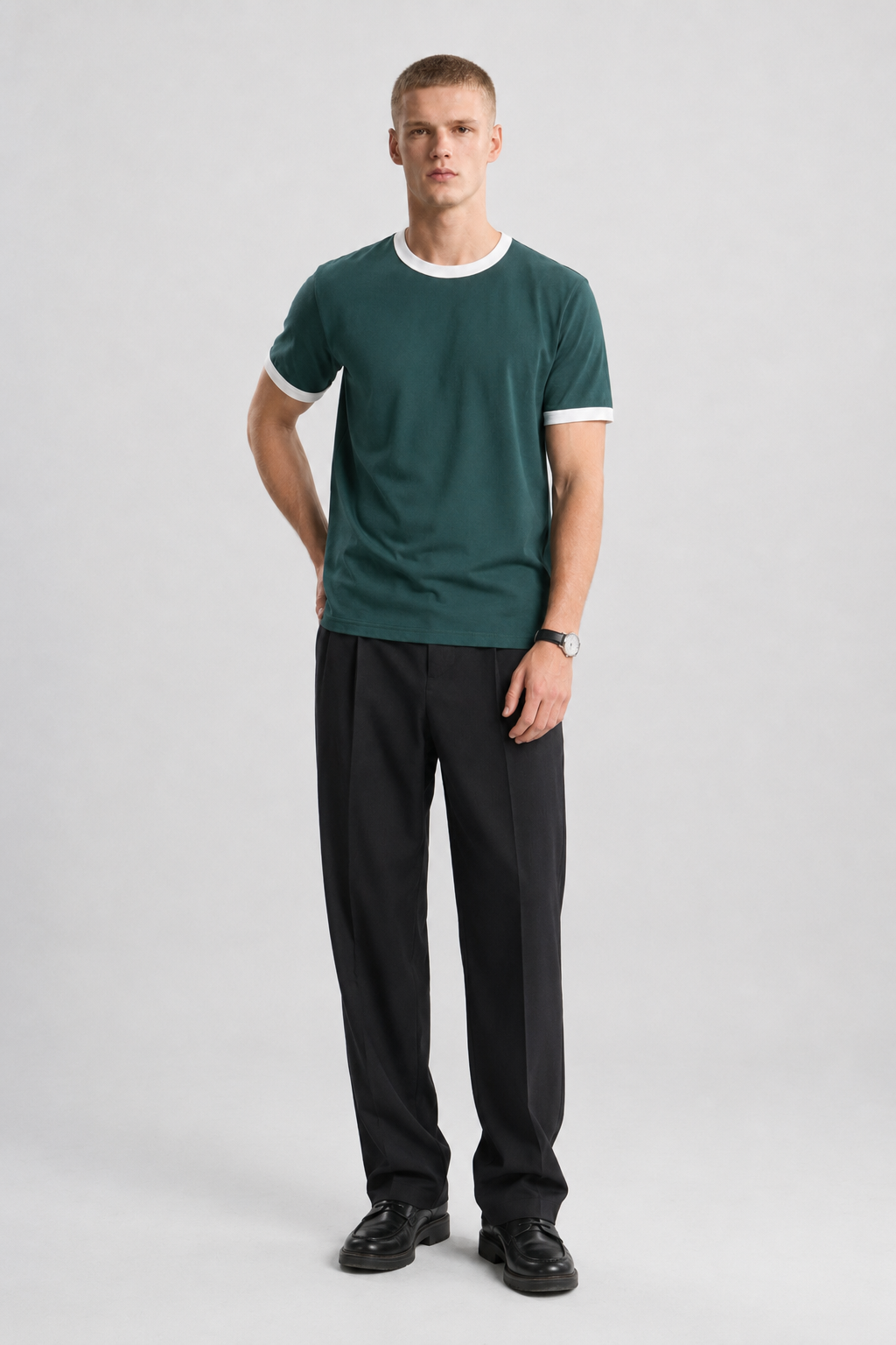 Dark Teal Ringer Tee — White