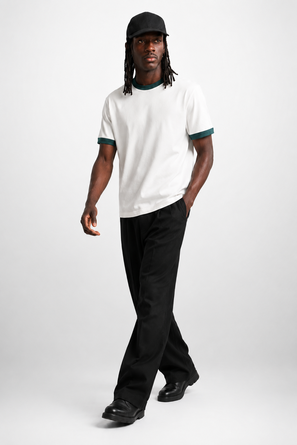 White Ringer Tee — Dark Teal
