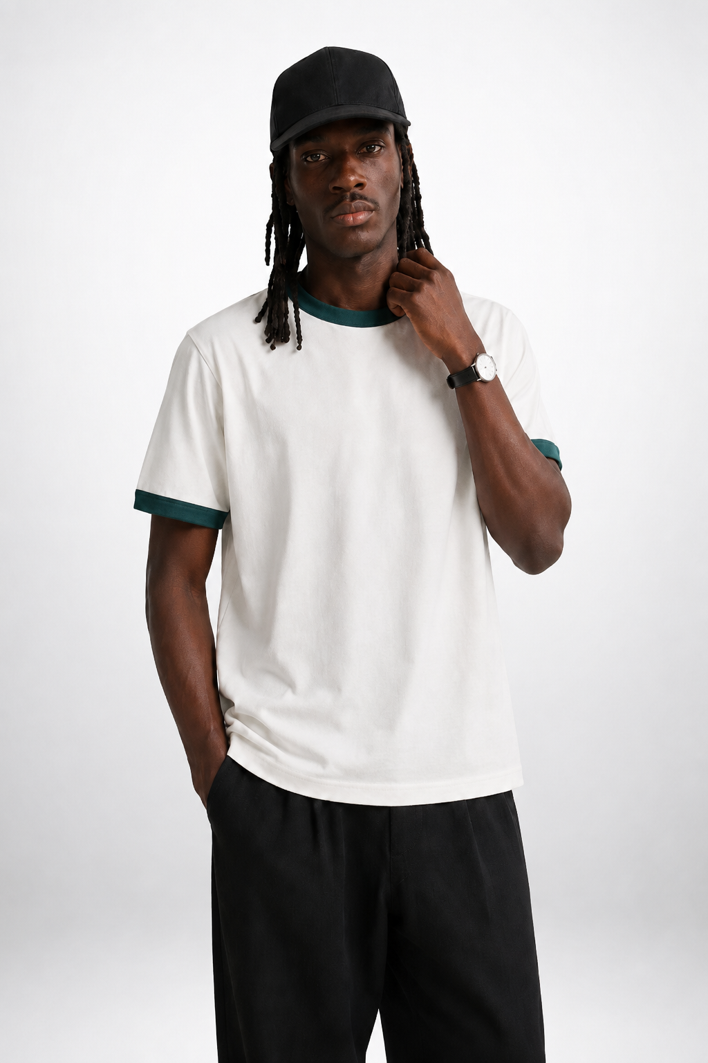 White Ringer Tee — Dark Teal