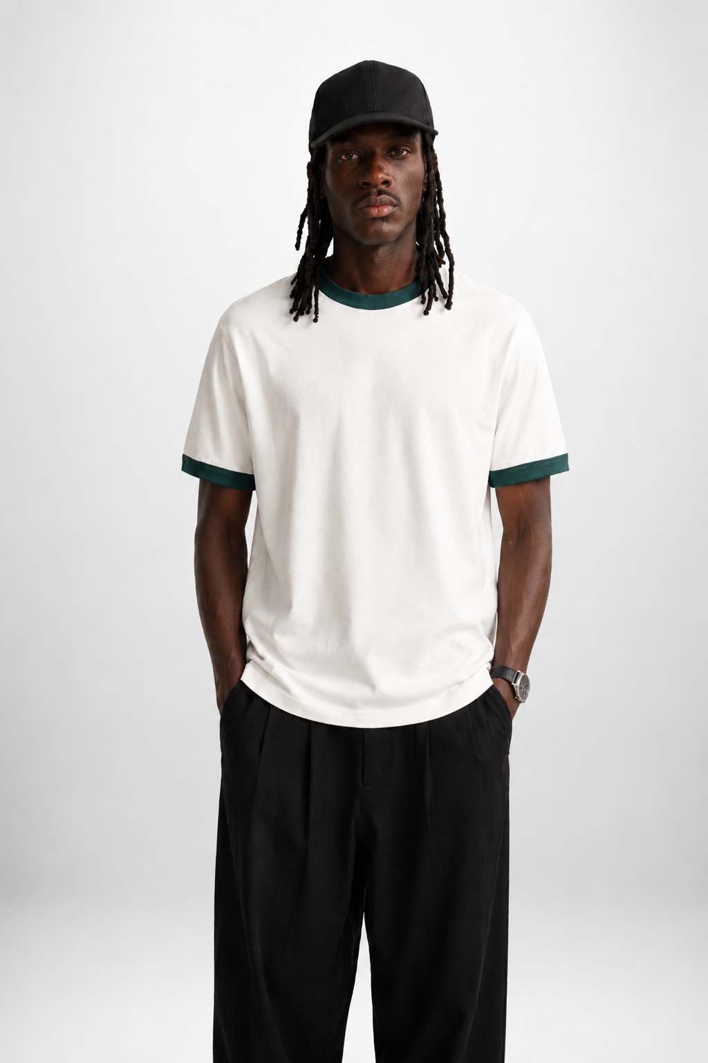 White Ringer Tee — Dark Teal