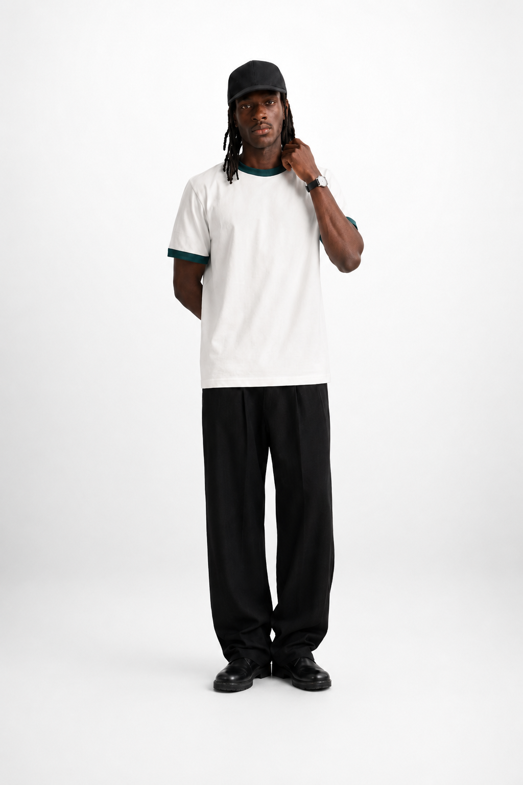 White Ringer Tee — Dark Teal