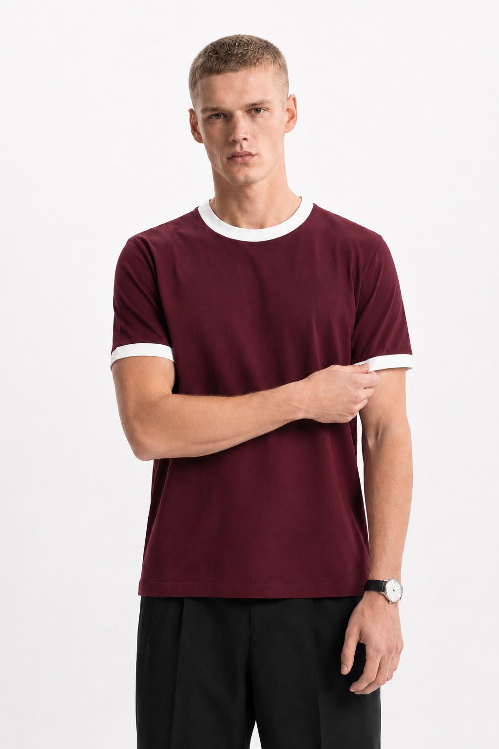Burgundy Ringer Tee — White