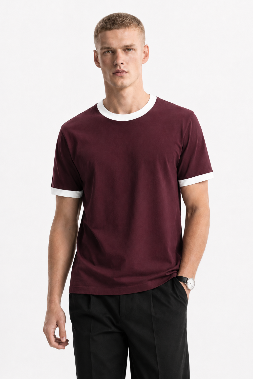 Burgundy Ringer Tee — White