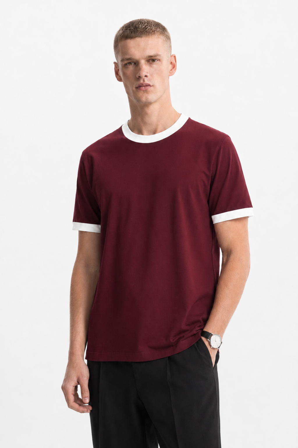 Burgundy Ringer Tee — White