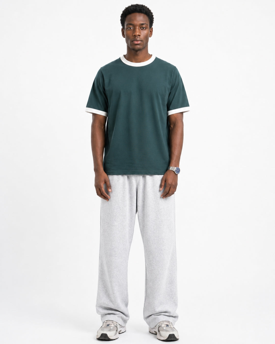 Dark Teal Ringer Tee — White