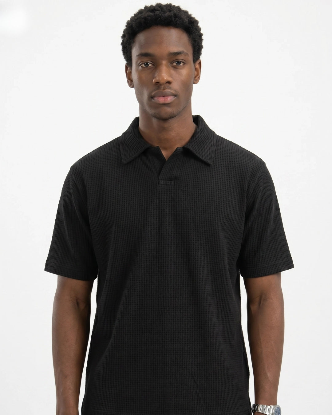 Black Waffle Knit Polo – Premium Textured Polo | Blackedition