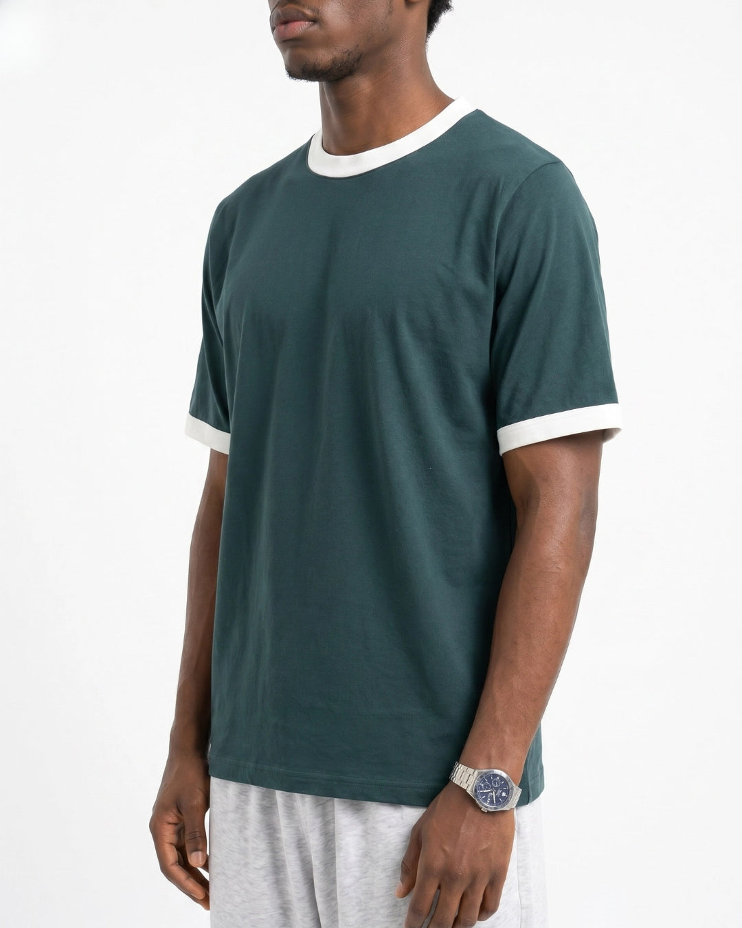 Dark Teal Ringer Tee — White
