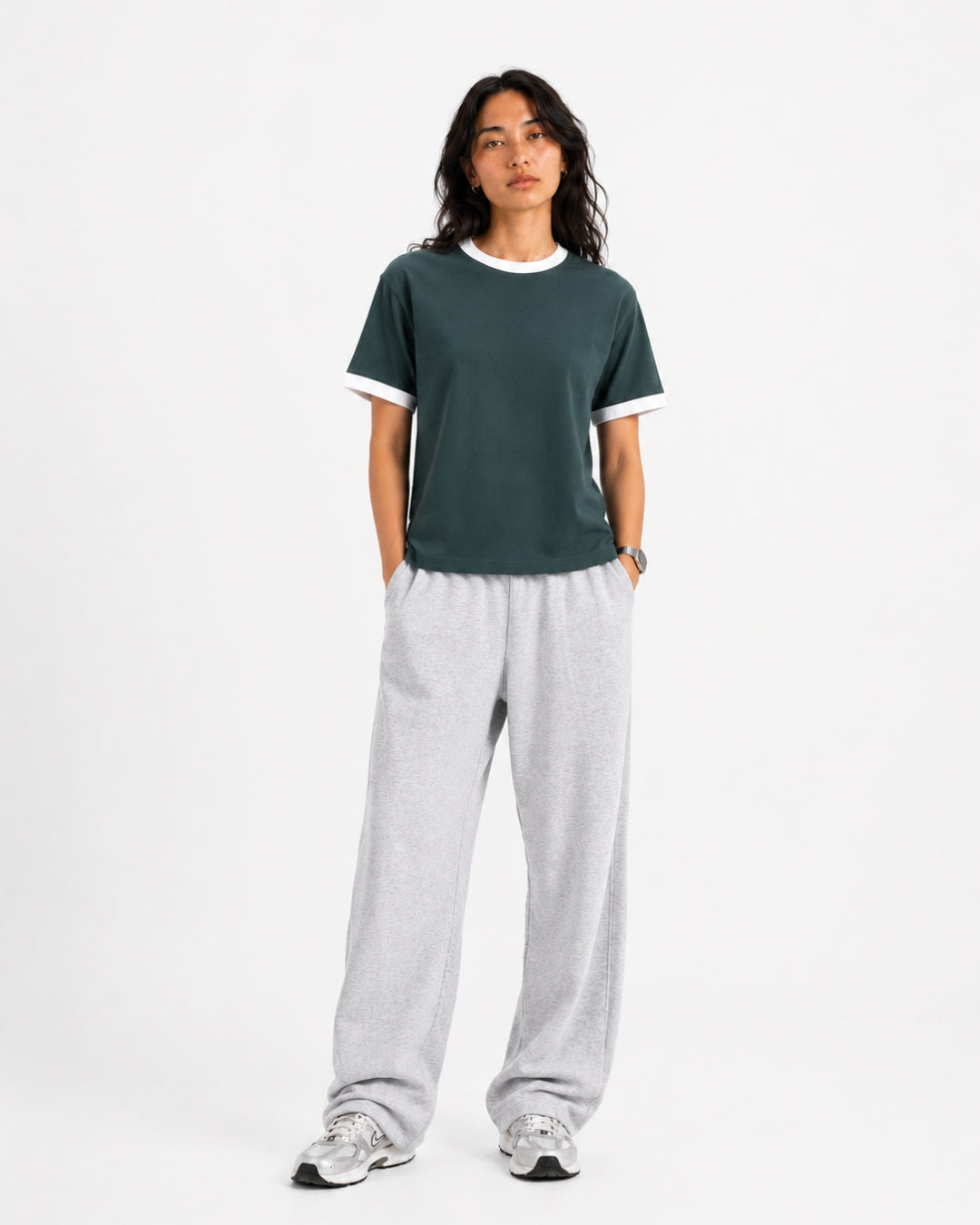 Dark Teal Ringer Tee — White