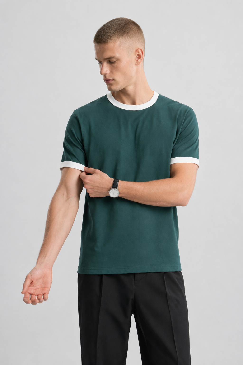 Dark Teal Ringer Tee — White