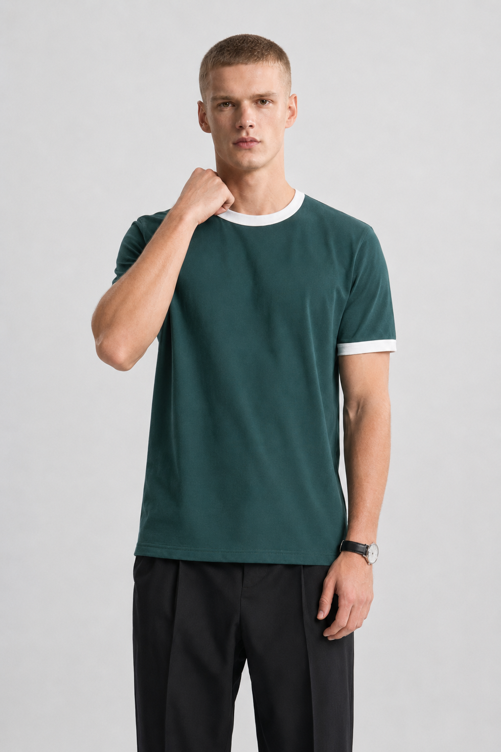Dark Teal Ringer Tee — White