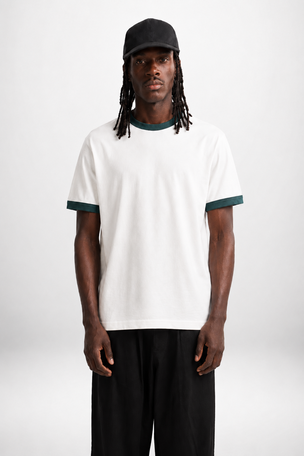 White Ringer Tee — Dark Teal