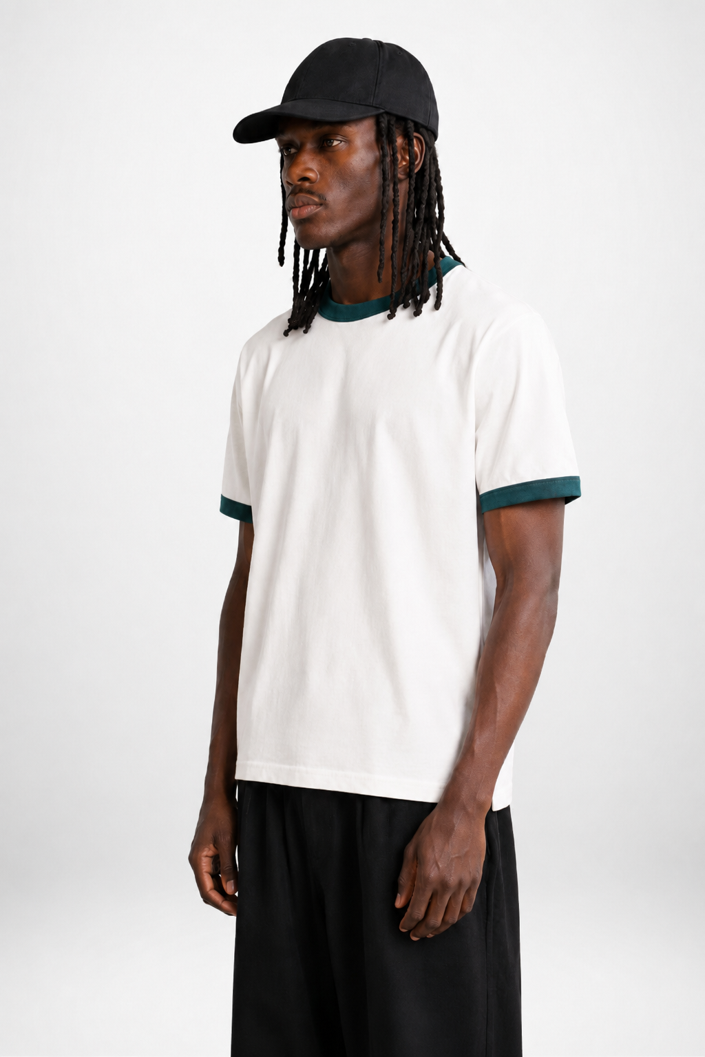 White Ringer Tee — Dark Teal
