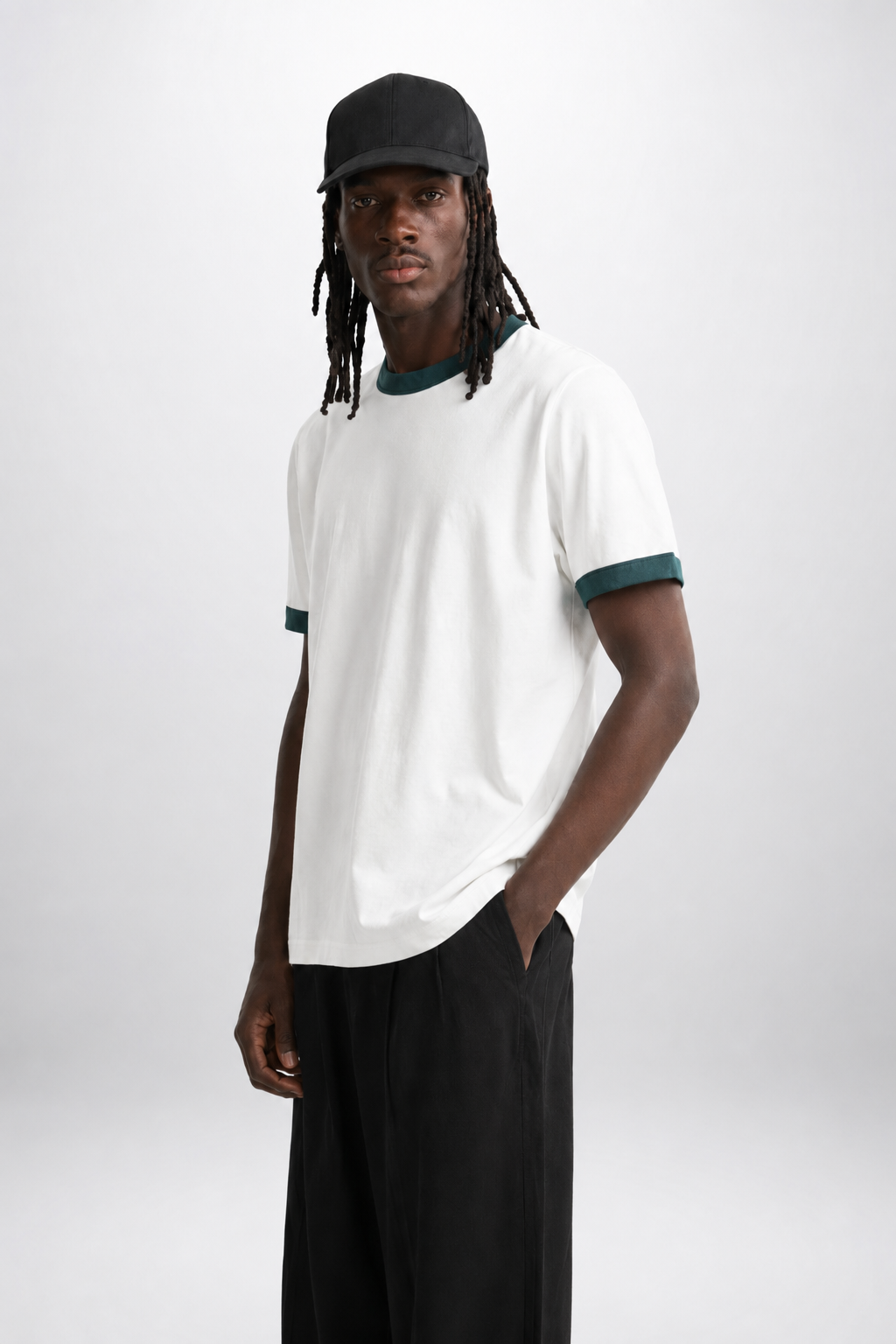 White Ringer Tee — Dark Teal