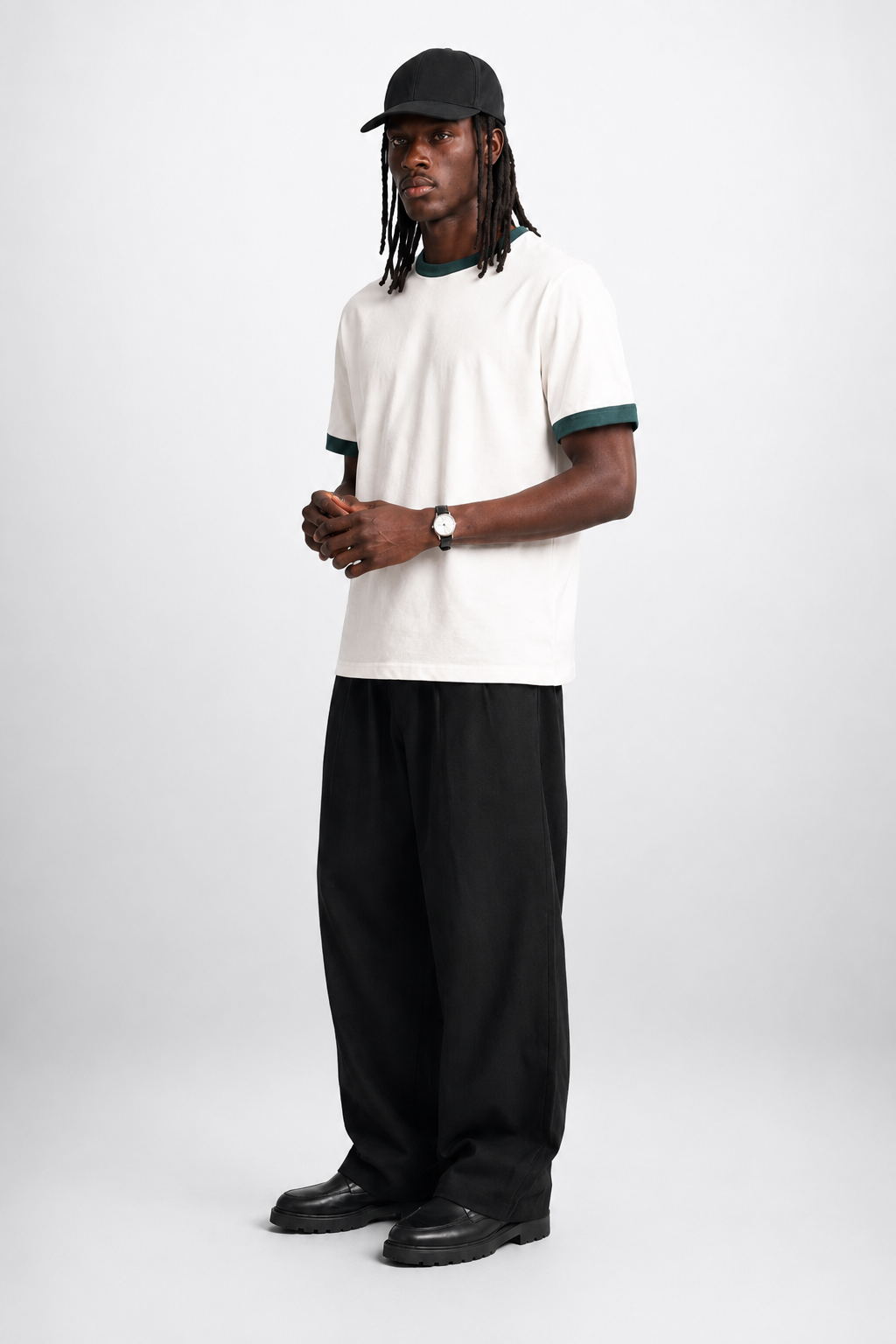 White Ringer Tee — Dark Teal