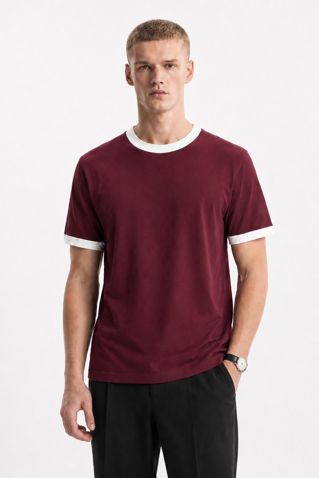 Burgundy Ringer Tee — White