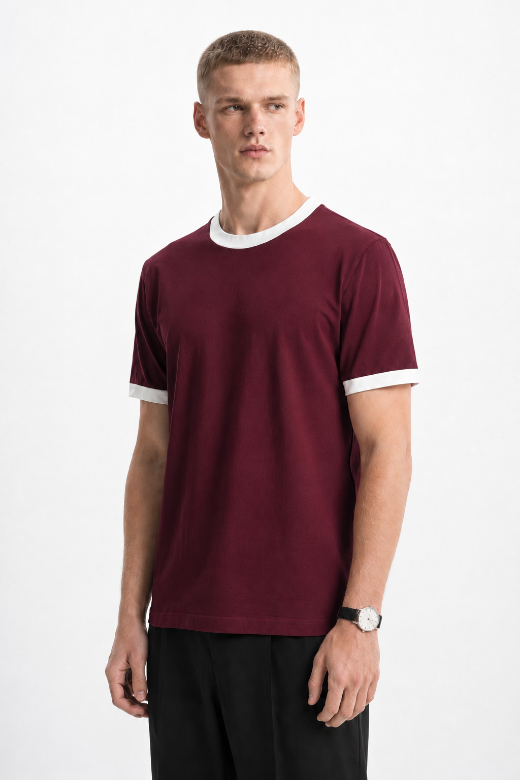 Burgundy Ringer Tee — White