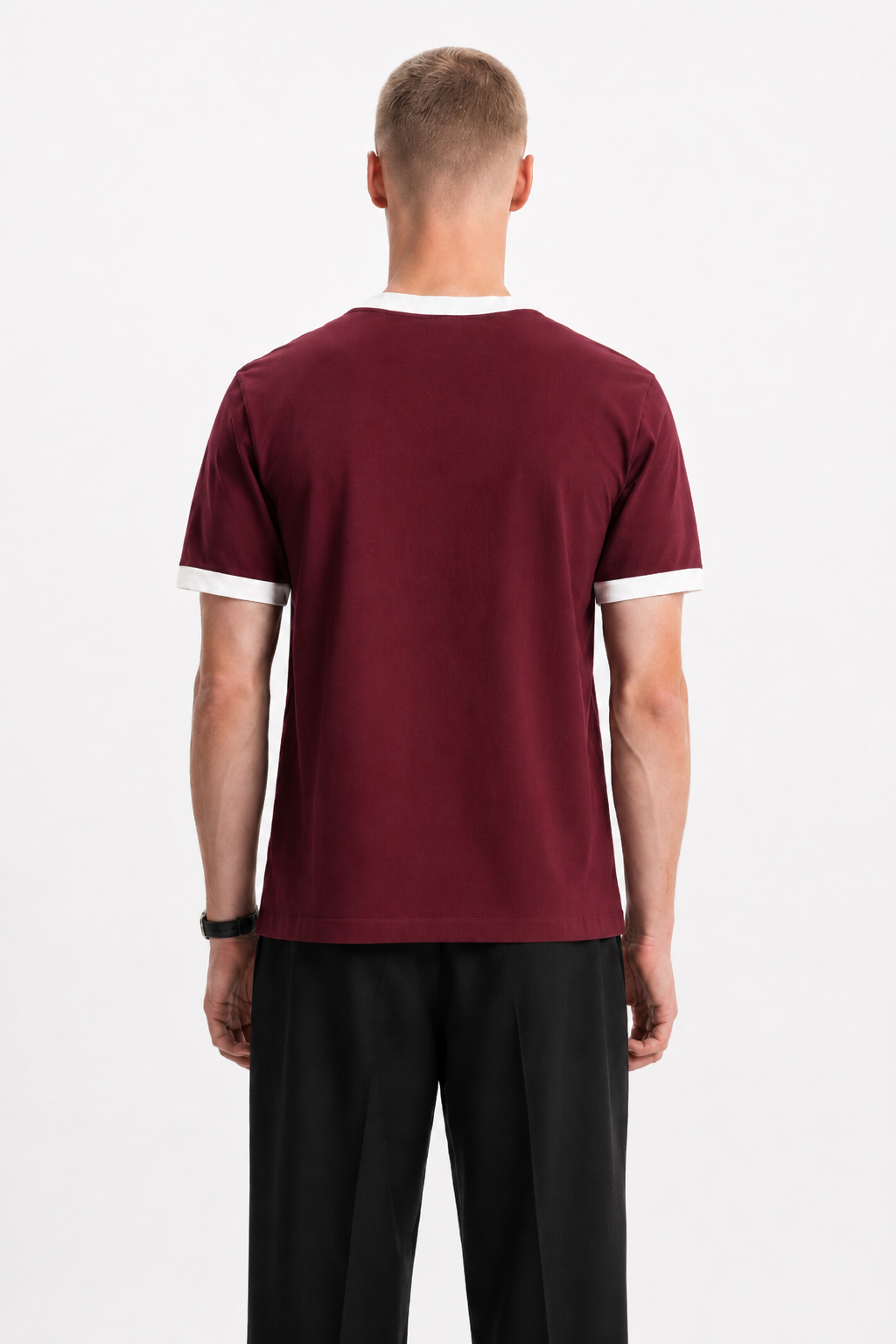 Burgundy Ringer Tee — White