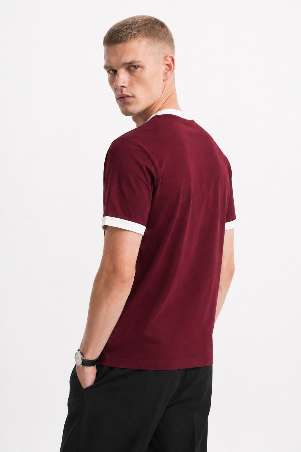 Burgundy Ringer Tee — White
