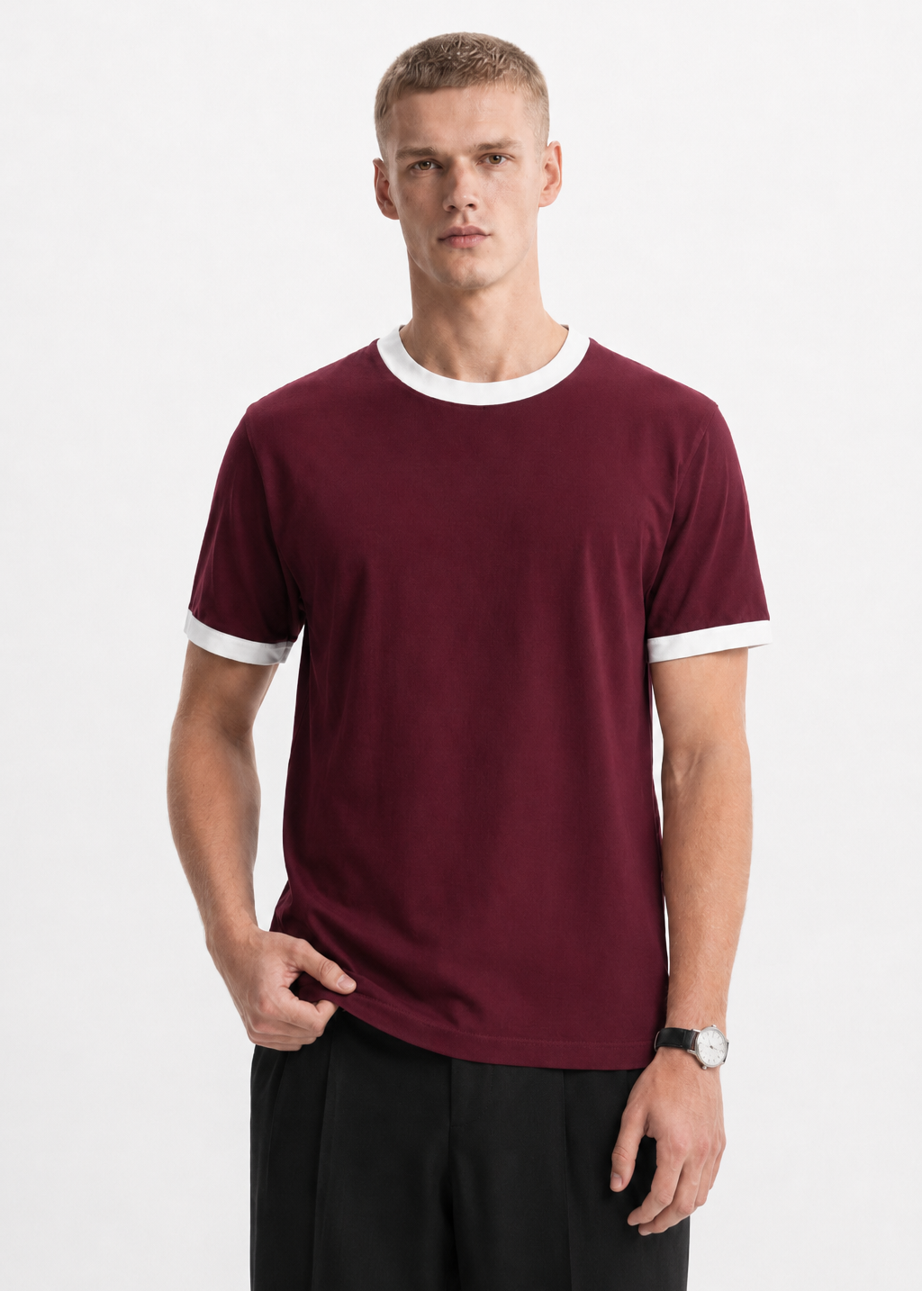 Burgundy Ringer Tee — White
